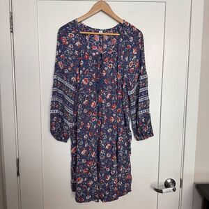 Old Navy Dress Sz XL Blue Floral Long Sleeve Peasant Hippie Cottagecore Boho
